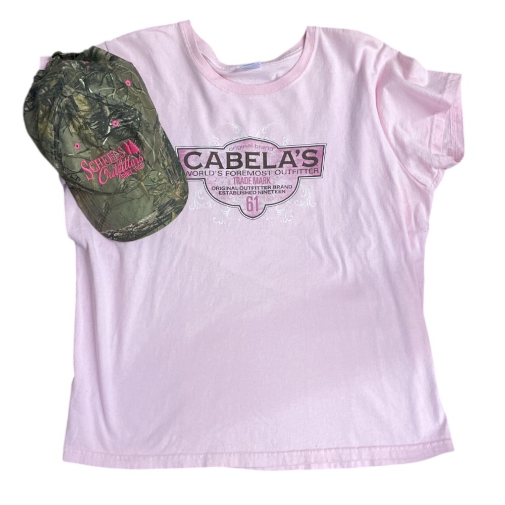 Cabela’s pink outfitters shirt size large with scheels camo women’s hat